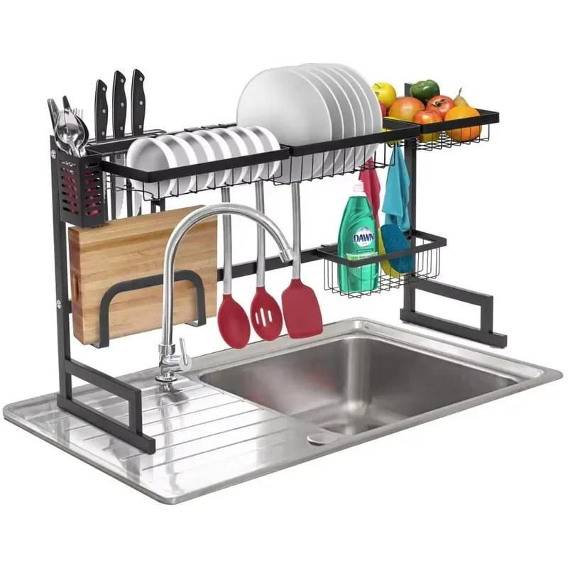Hot Selling Stainless Steel Dish Draining Rack Over Sink Organizer with Utensil Holder Hooks for Kitchen Counter Storage