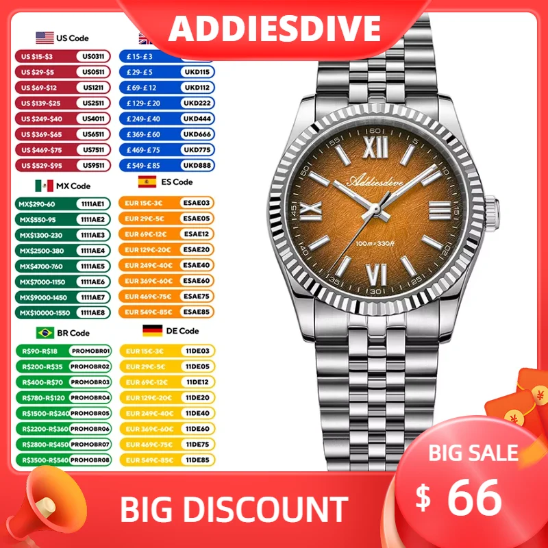 

ADDIESDIVE VH31 Movement NEW Quartz Watches Simple Stainless Steel BGW9 Luminous Waterproof Men's Watch 36MM relogios masculino