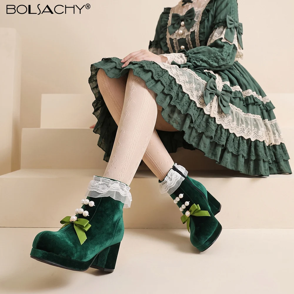 Vintage Girls High Heels Chunky Heel Platform Ankle Boots Butterfly-knot Lace Womens Cosplay Princess Winter Lolita Shoes Green