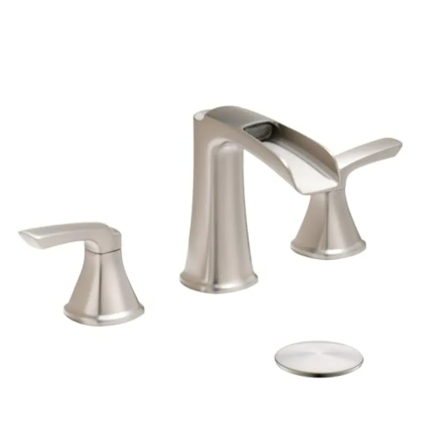 

Bathroom sink faucet brushed nickel waterfall style 8-inch widespread 3-hole two-handle with pop-up drain