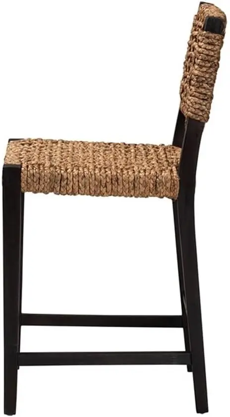 Alise Modern Bohemian Dark Brown Mahogany Wood And Banana Fiber Counter Stool