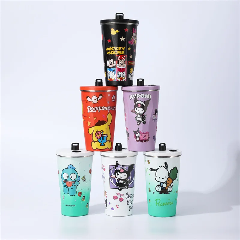 

600ML Sanrio Thermos Cup Kawaii Hello Kitty Kuromi Melody Student Children Gift Anime Cartoon Cute Portable Straw Large Capacity