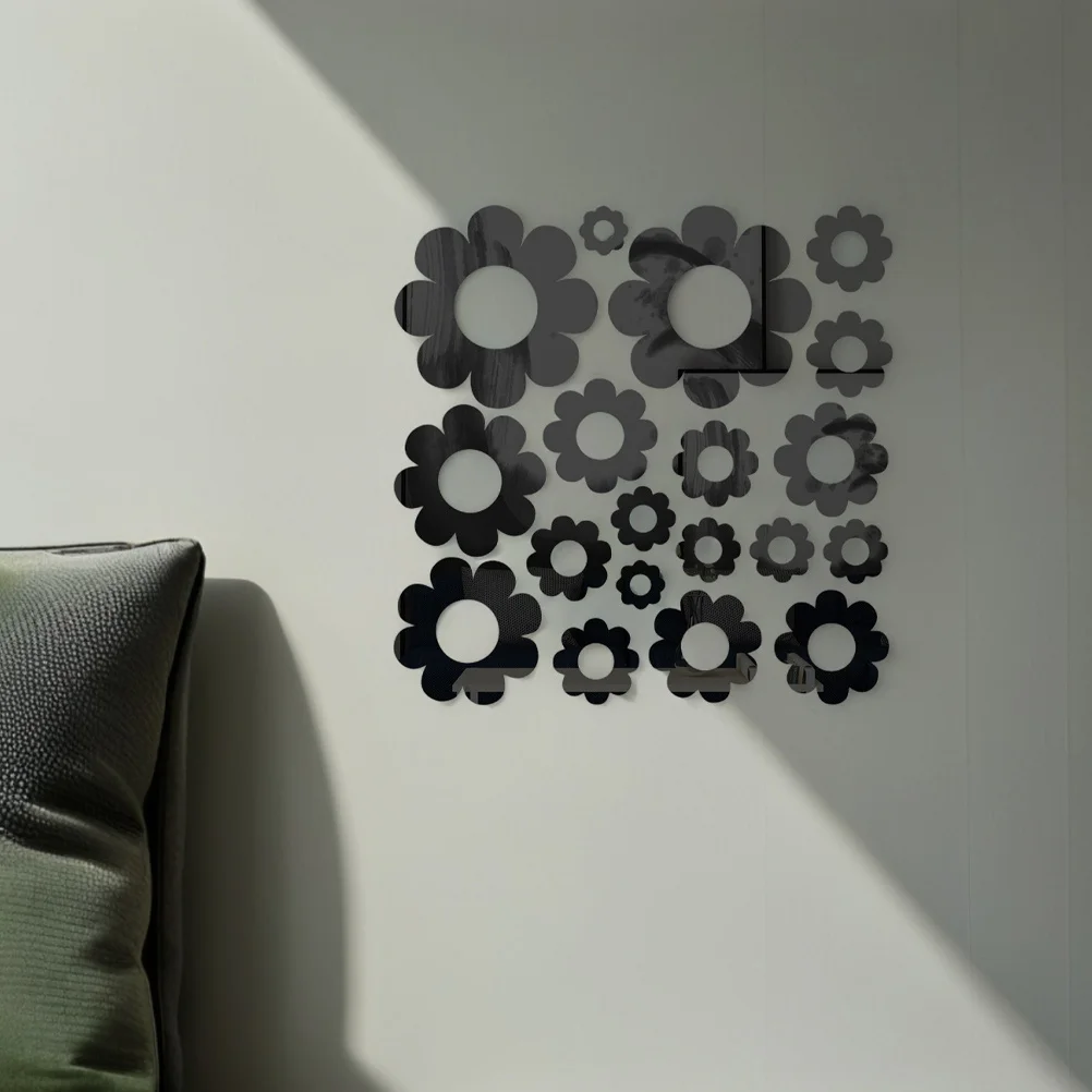 

1Set 3D Floral Mirror Wall Stickers Black Self Adhesive Removable Decor for Bedroom Living Room Bathroom DIY Flower Wall