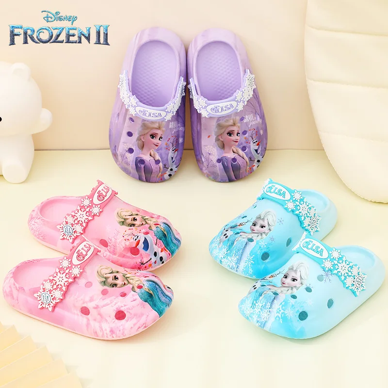 2024 Disney Frozen Summer Girl Slippers Elsa Anna Plush Shoes Non Slip Soft Sole Bathing Sandals Breathable Beach Drag Sneakers