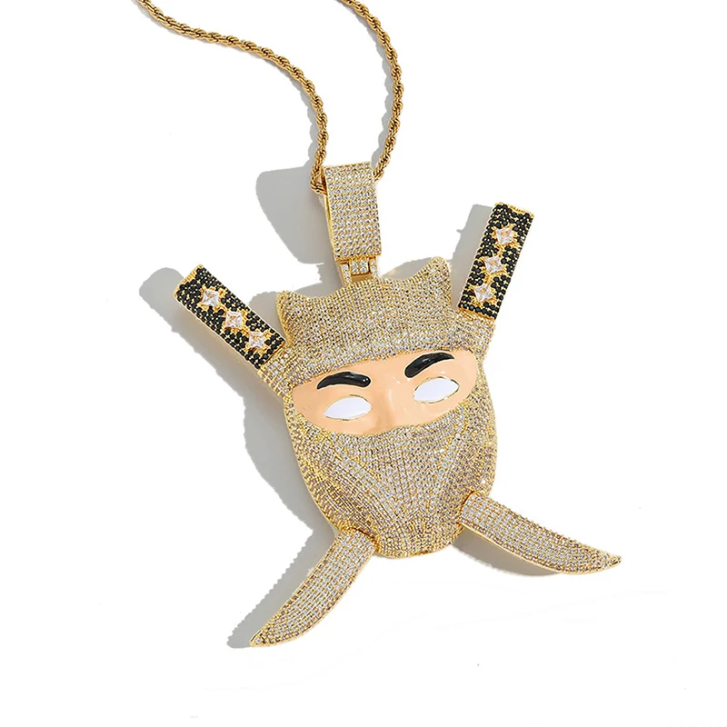 Hip Hop 5A+ CZ Stone Bling Iced Out Japanese ninja Big Pendants Necklace for Men Rapper Jewelry white Gold Color