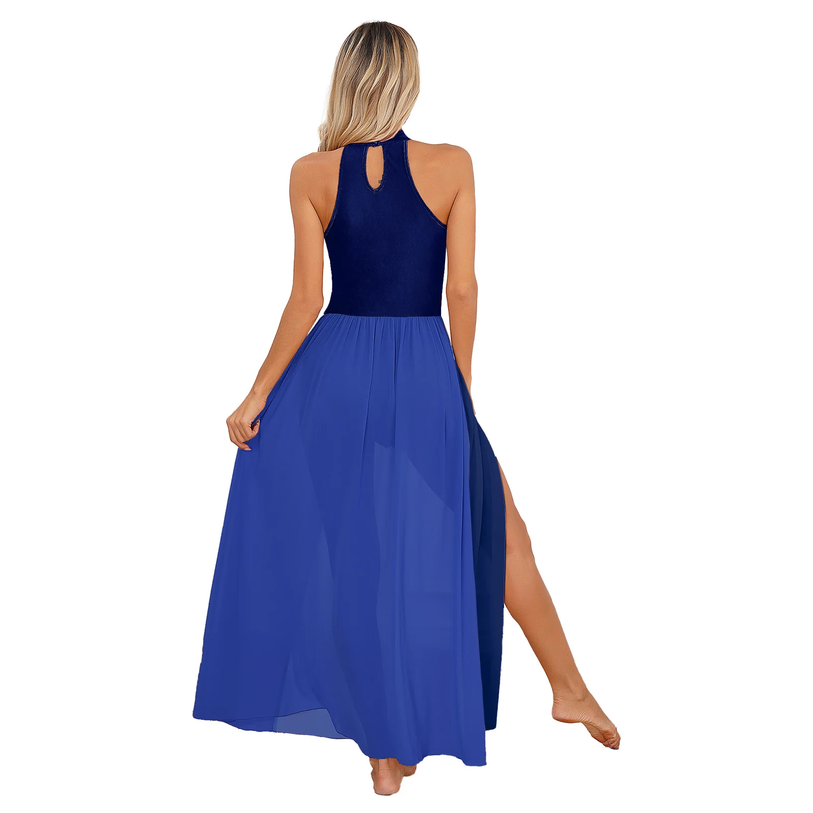 فستان رقص غنائي حديث للسيدات، زي أداء الباليه، كتلة الألوان، رقبة وهمية، فتحة خلفية، بدون أكمام، فساتين ماكسي سبليت