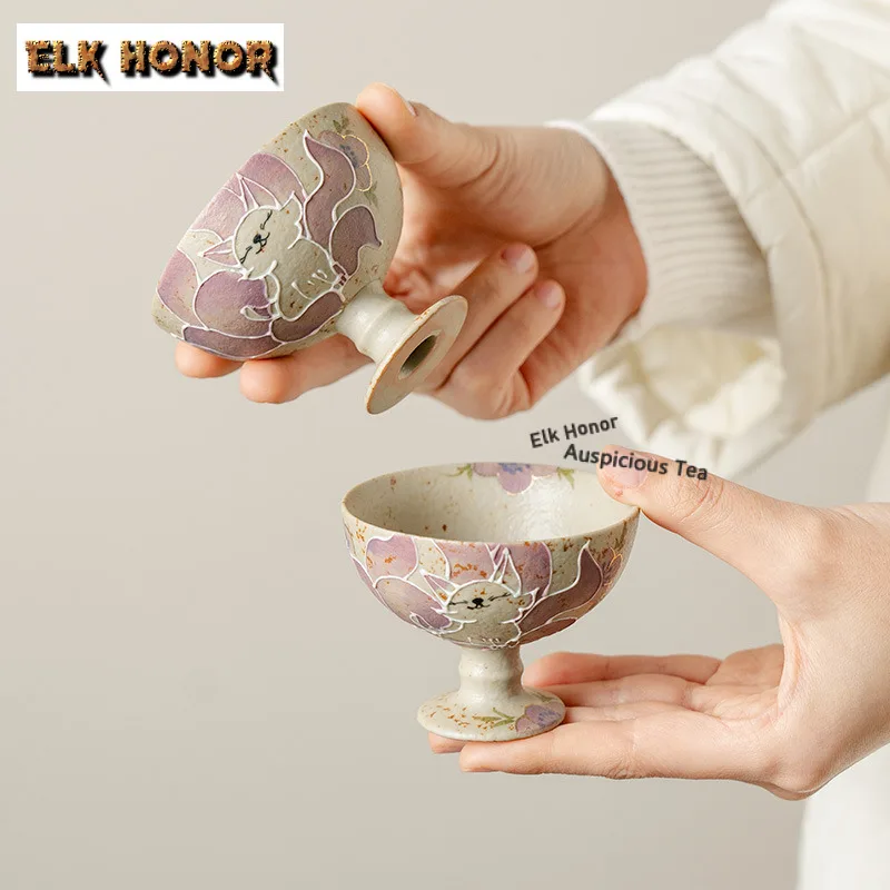70ml Hand-painted Nine-tailed Fairy Fox Cup Elegant Tea Bowl High-feet Tea Cup Tea-tasting Smelling Cup Jianzhan Master Cups Cha