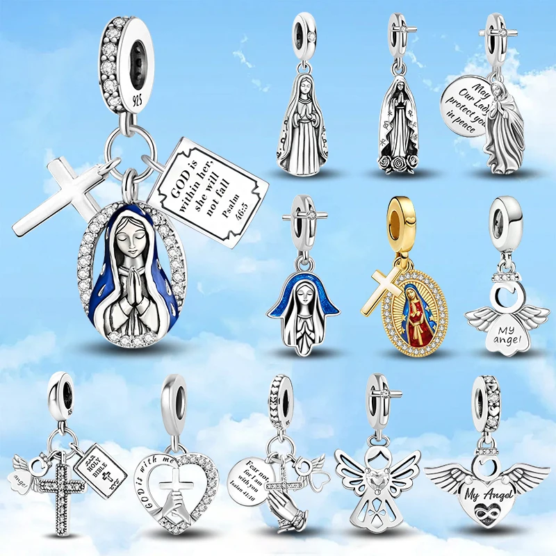

925 Sterling Silver The Bible Cross Sun Moon Blue Series Charms Beads Fit for Women Bracelets DIY High Quality Fine Jewelry