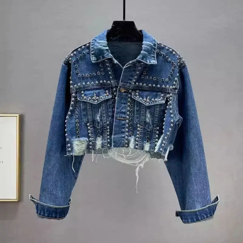 Women's Trendy Diamond Studded Denim Jacket Heavy Industry Rivet Worn Nail Bead Top 2026 Fashion