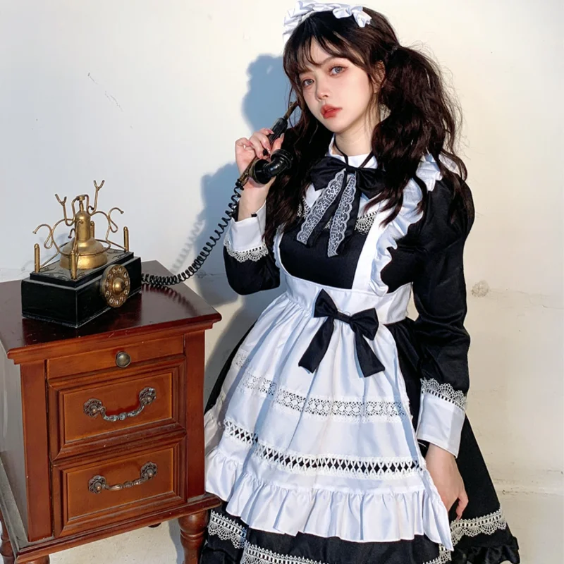 Housekeeper Uniform Plus Size Anime Classical Maid Cosplay Costume Women Lolita Long Sleeve Lace Party Show Apron Maids Outfit