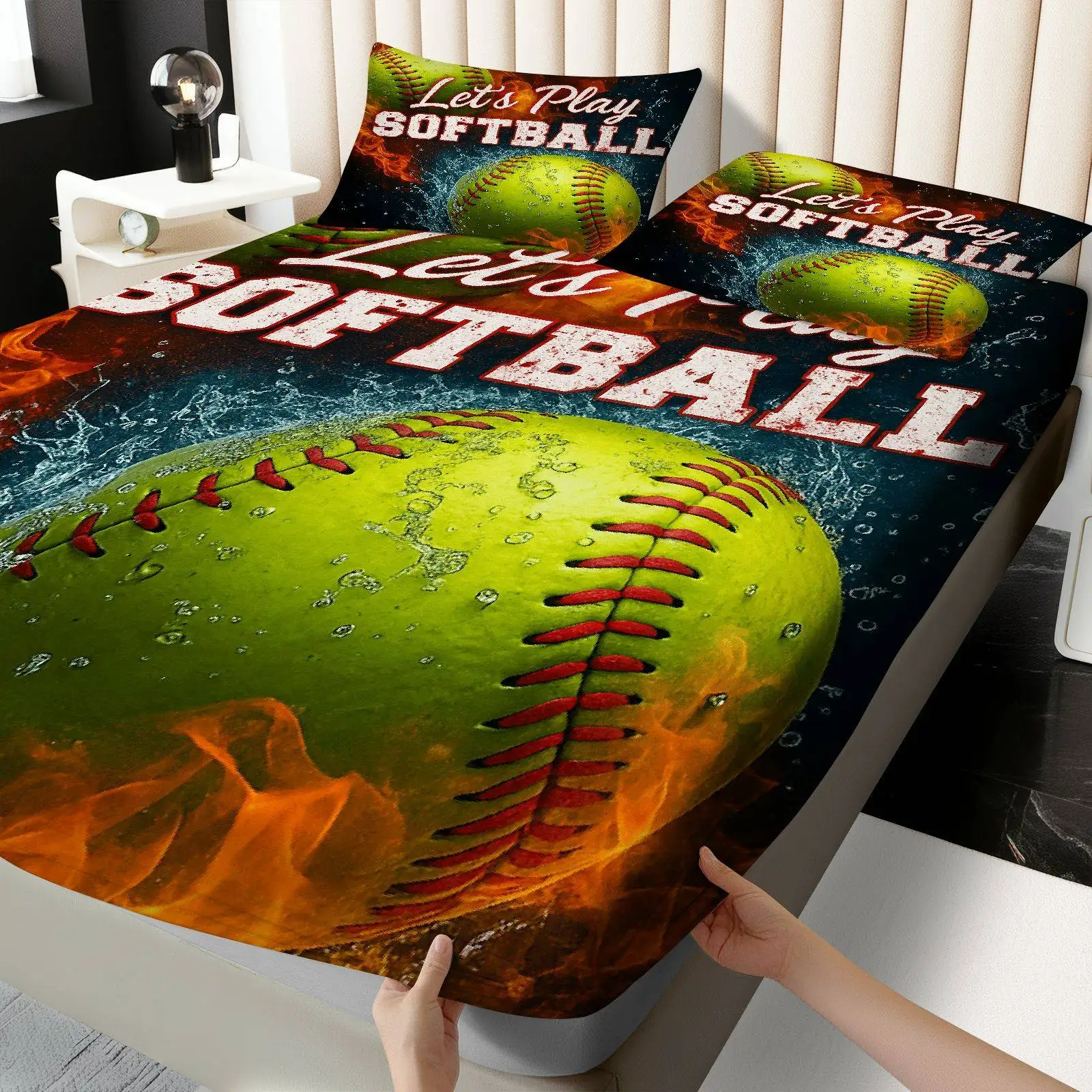 Customize 3pcs Softball Fire Water Fitted Sheet 3pcs Set (1*Fitted Sheet+2*Pillowcases, Coreless), No- Theme, Sport Bedding, Mat