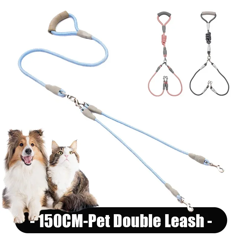 150Cm Strong Pet dual head dog walking rope , one drag two traction rope, anti winding and detachable Safe Traction Ropes