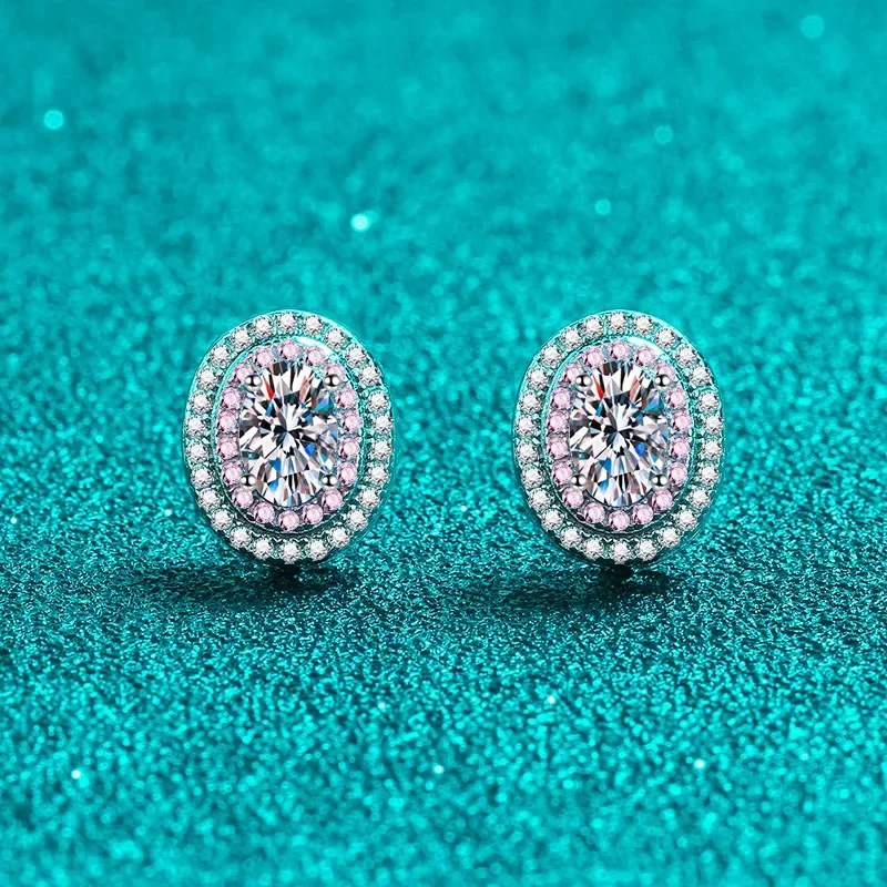 18K gold egg-shaped moissanite plated PT950 platinum diamond stud earrings 50 points rose gold plated color separation