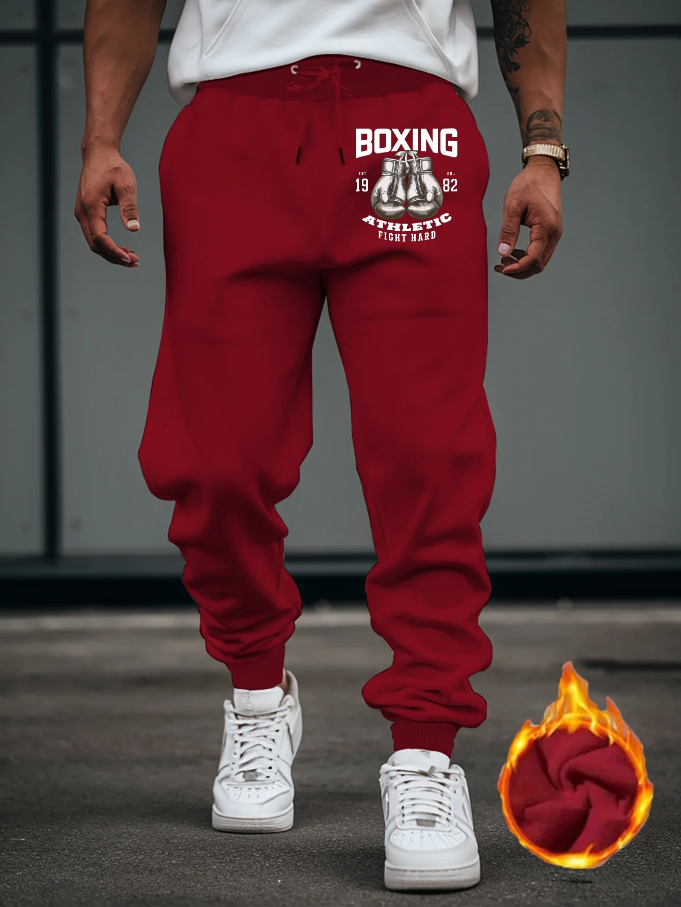 Fight‑style Retro Boxing‑Glove Emblem And Athletic Letter Art Motif Fne Print Relaxed Sweatpants Men Hip Hop Casual Jogger Pants