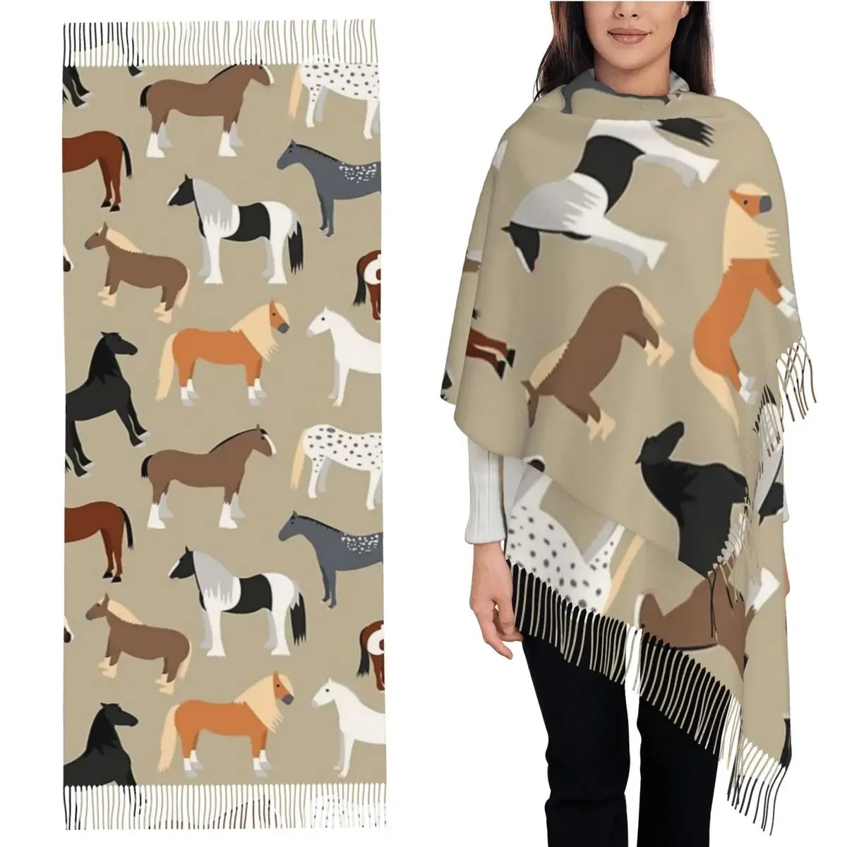 Bufanda con patrón de razas de caballos, bufandas con borlas para mujer, chales y chales suaves y cálidos, chal grande para Otoño e Invierno