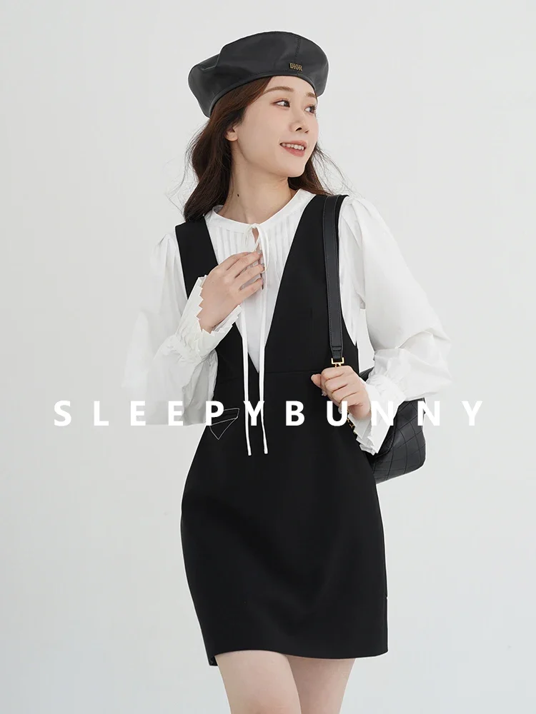 

Sleeveless V-Neck Layered A-Line Dress Women Elegant Slim Fit Straight Tank Dress Black Vest Style Outfit for Spring Summer