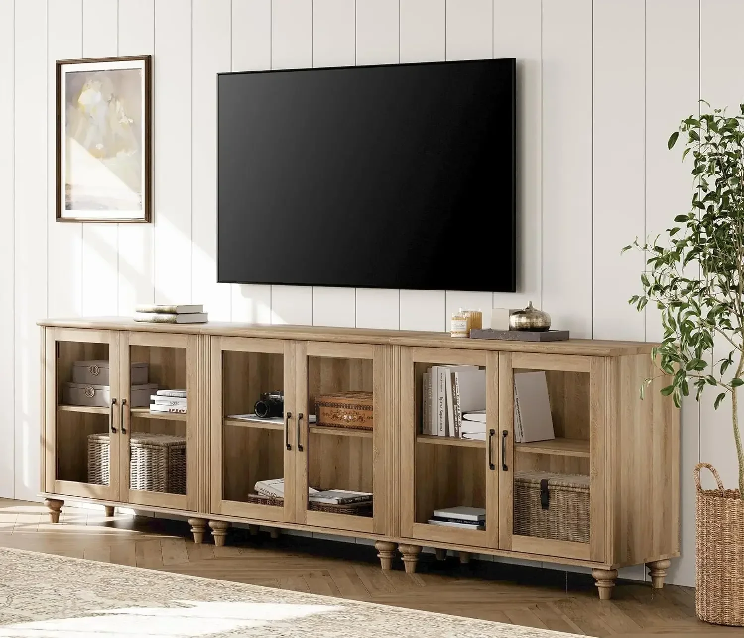 100 Inch TV Stand with Glass Door, Wood TV Cabinet Entertainment Center for 75/80/85 Inch TV, 3-in-1 Kitchen Buffet Cabinet