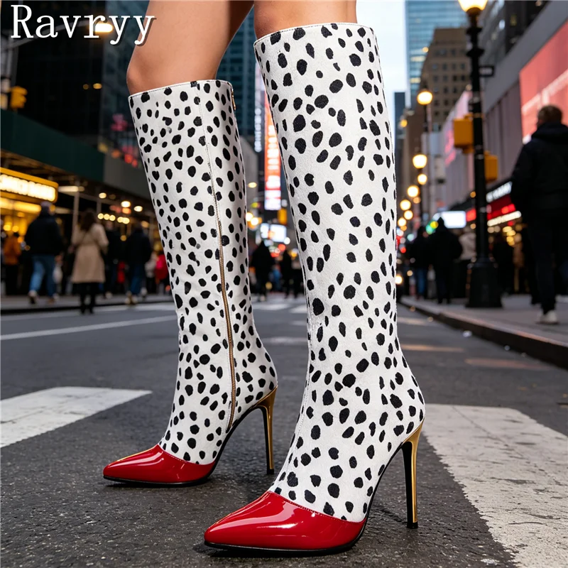 

Women's Dalmation Print Knee High Boots, Red Patent Leather Pointed Toe Stiletto Heel Boots Elegant Fashion Footwear for Party