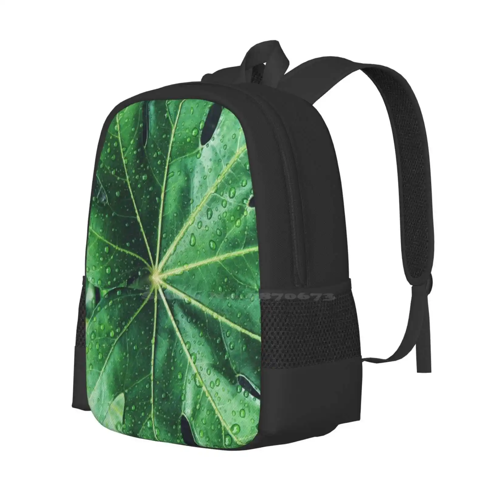 Rainy Day Leaf Pattern Design Bag Student'S Backpack Plant Nature Leaf Green Rain Water Droplets Tropical