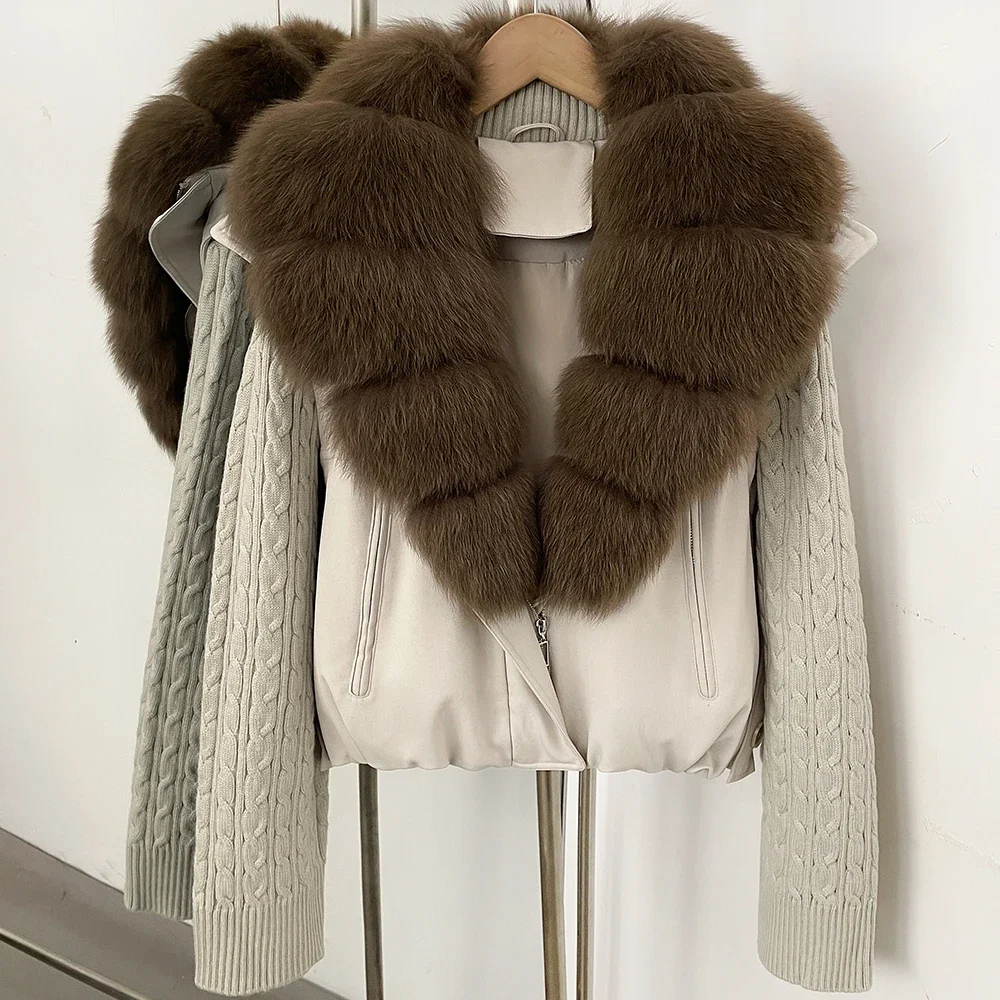 OFTBUY Damen-Pufferjacke mit abnehmbaren Strickärmeln, leichte Daunenjacke mit echtem Fuchspelzkragen, neue Winterkleidung für Damen – Detail 24