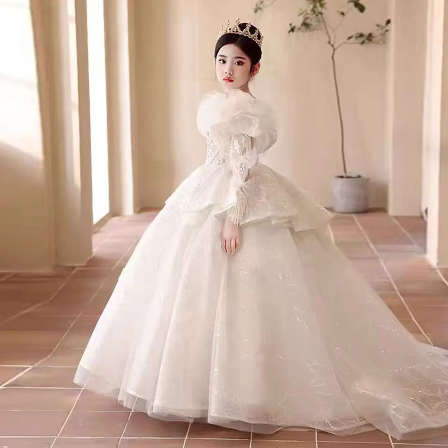 Jill Wish J324 Luxury White Crystal Girl Dress Court Train Long Sleeve Arab Kids Princess Wedding Birthday Party Pageant Gown