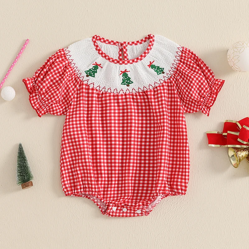 Newborn Baby Girls Christmas Rompers Tree Embroidery Plaid Ruffles Short Sleeve Smocked Round Neck Jumpsuits Playsuits Overalls