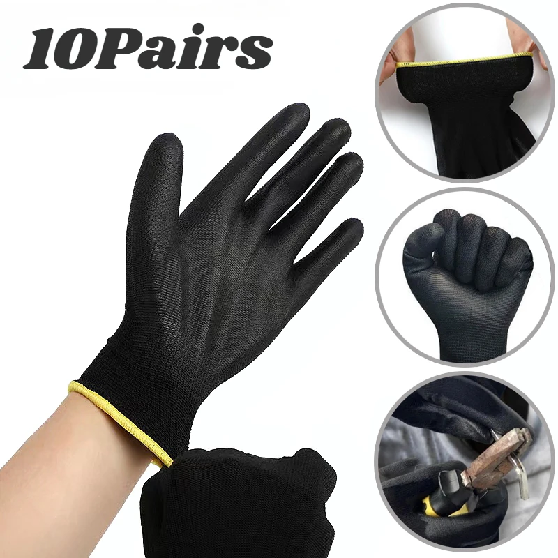 10Pairs Repair Gloves PU Palm Coating Nylon Breathable Durable Elastic Safety Gloves Automotive Repair Carpenter Work Garden