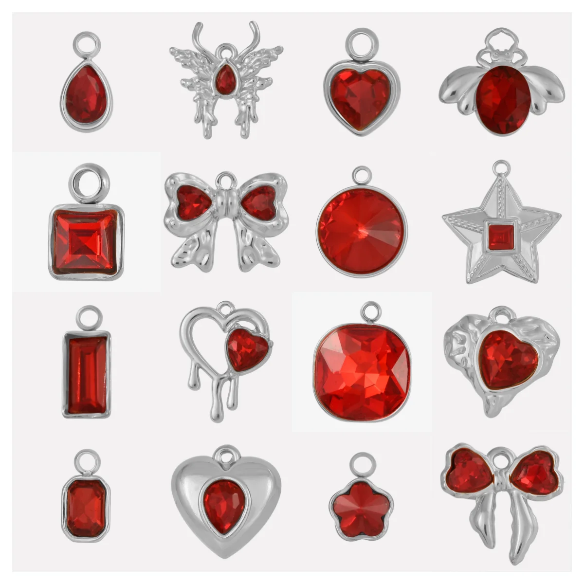 6pcs Various Styles Stainless Steel Material Pendant Red Zircon Y2K Style Pendants Heart Oval Square Star No Fade Jewelry Bulk