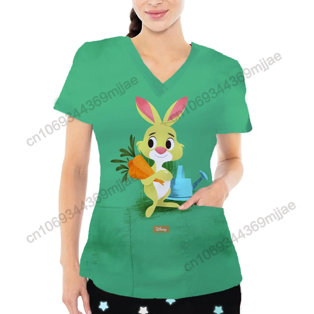 2024 New Summer V-neck large pocket design Y2k style comfortable and casual women\'s T-shirt Pretty Disney pattern nurse uniform