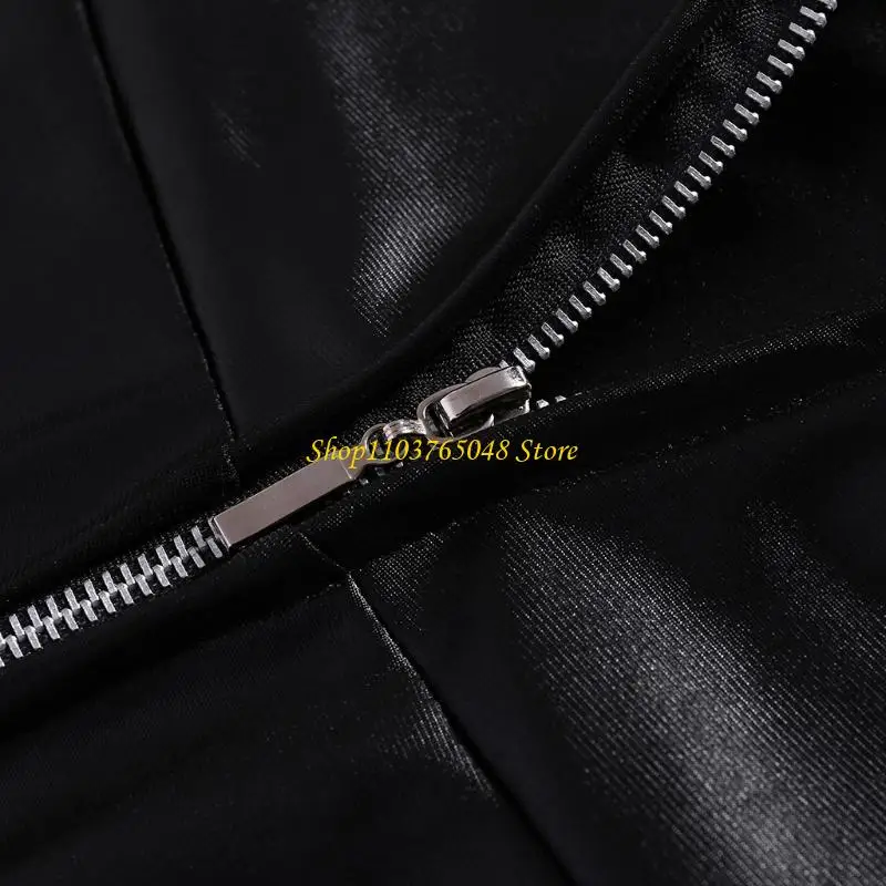 R53E Women High Waisted Zipper Pencil Pants Black Faux Leather Legging with Zipper