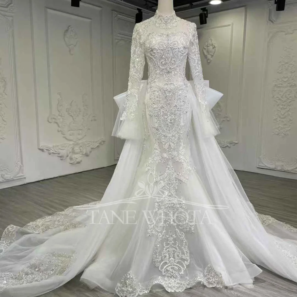 Abito Sposa High Long Sleeve Lace Up Keyhole Back Wedding Dress Detachable Train Crystal Embroidery Bow Classic Bridal Dress