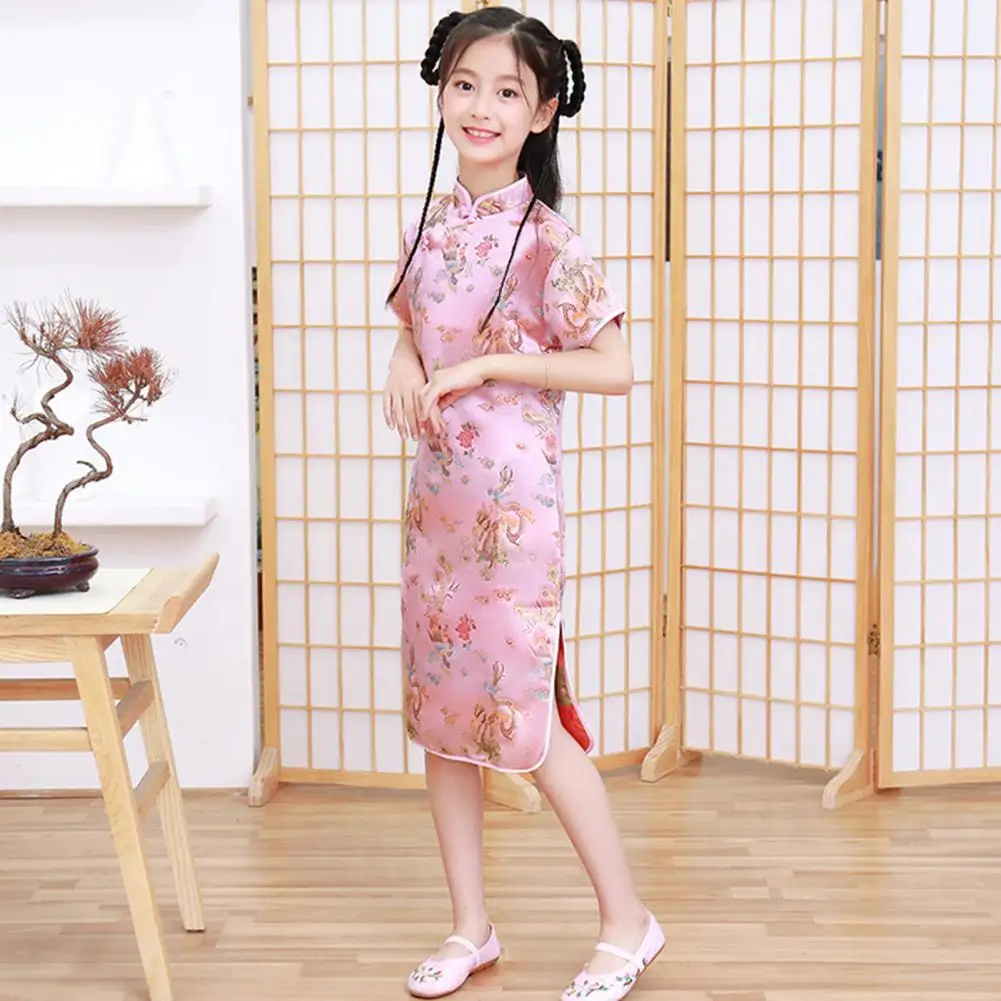 Vestido Hanfu elegante con estampado de Fénix para niños, vestido dividido para niños pequeños, Cheongsams chinos, vestidos de verano para niñas