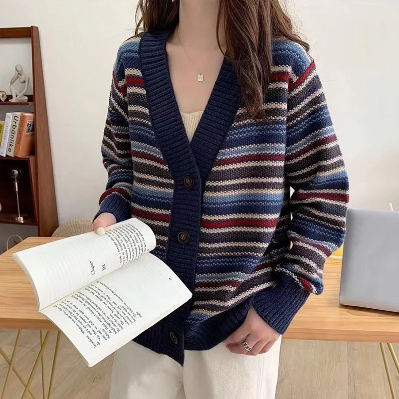 

The 2025 Autumn/winter New Korean-style Loose V-neck Colorful Striped Casual Knitted Sweater Cardigan Is Trendy for Women