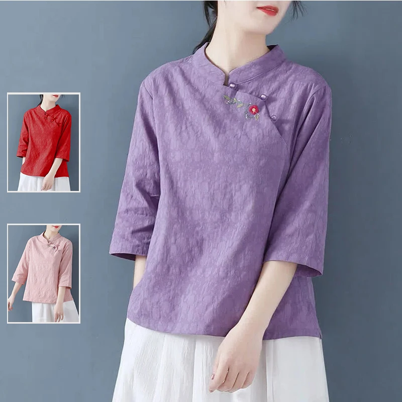 Retro chinês algodão linho bordado irt verão plus size feminino casual gola superior assimétrico Sve cinco quartos...