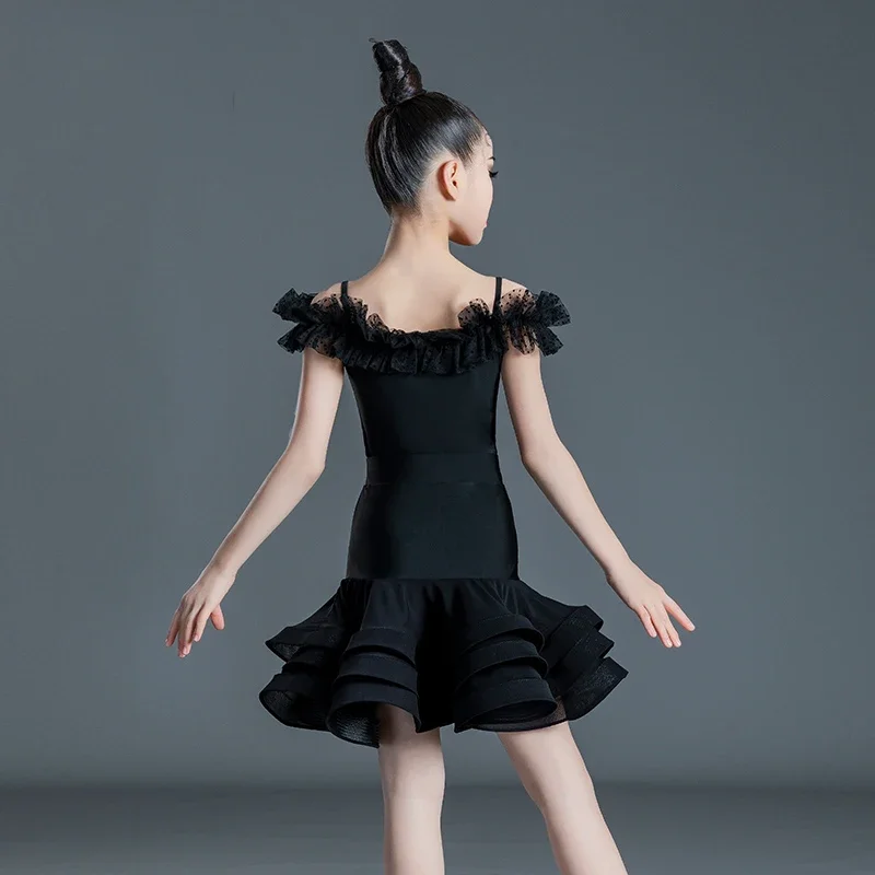 Vestido de baile latino para niños, trajes de entrenamiento de baile profesional, Tops negros, faldas, traje de Rumba, ropa de baile latino, DN11776