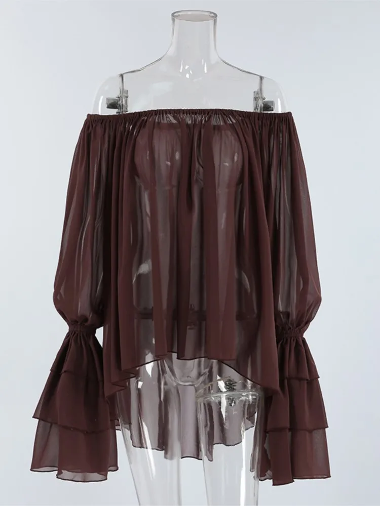 Fashion Brown One Neck Shirt Women See Through Ruffle Edge Loose Blouse 2025 New Summer Chic Vintage Casual Long Sleeve Shirts