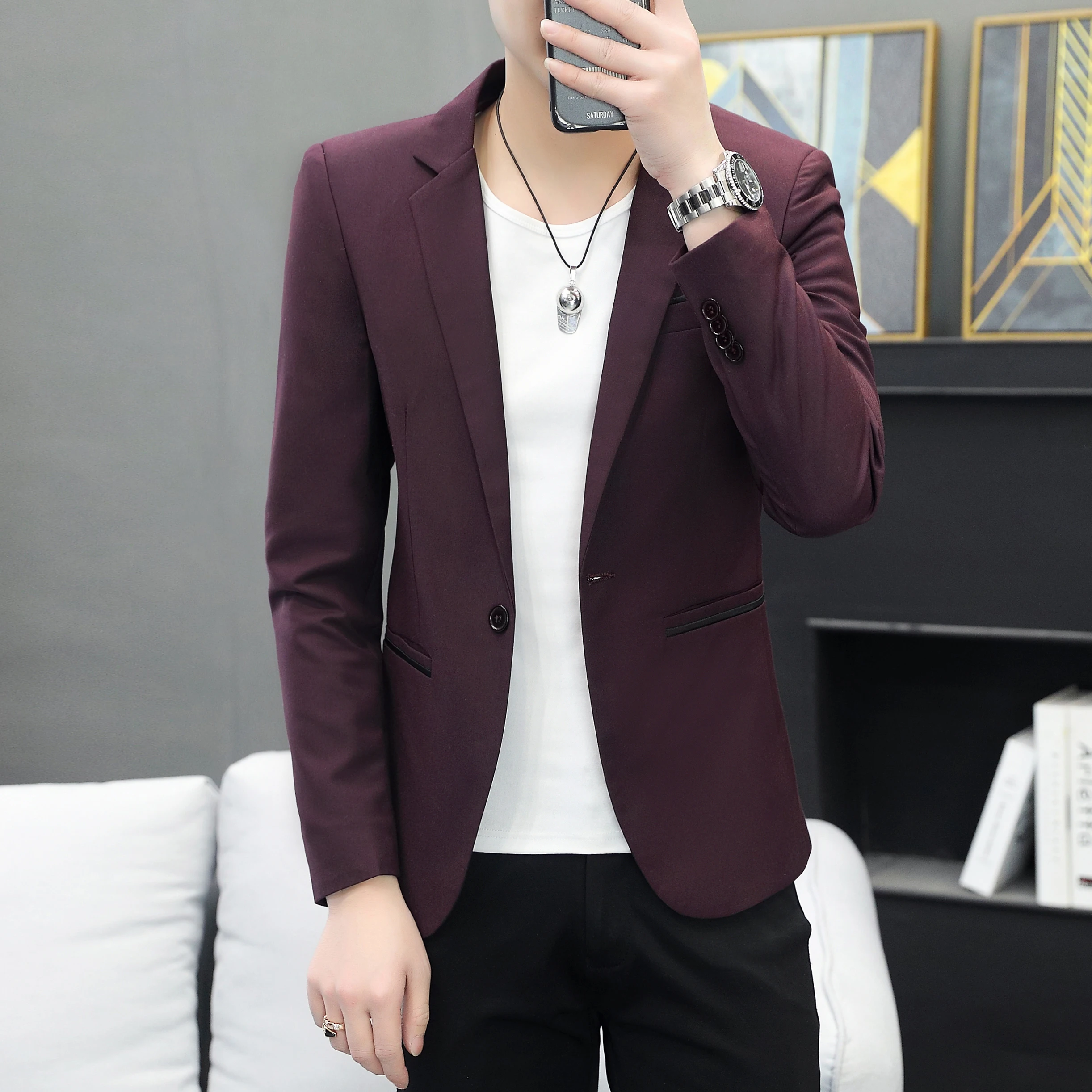 

Men's small suit jacket in solid Korean style, slim and stylish, casual single suit set, trendy and versatile for spring and aut