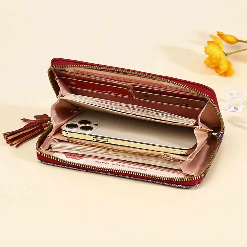 New Long Women's Zipper Wallet - Korean Splicing, Color Contrast, Tassel, and Rivet Details Fashion Glitter Wallet Coin Purse