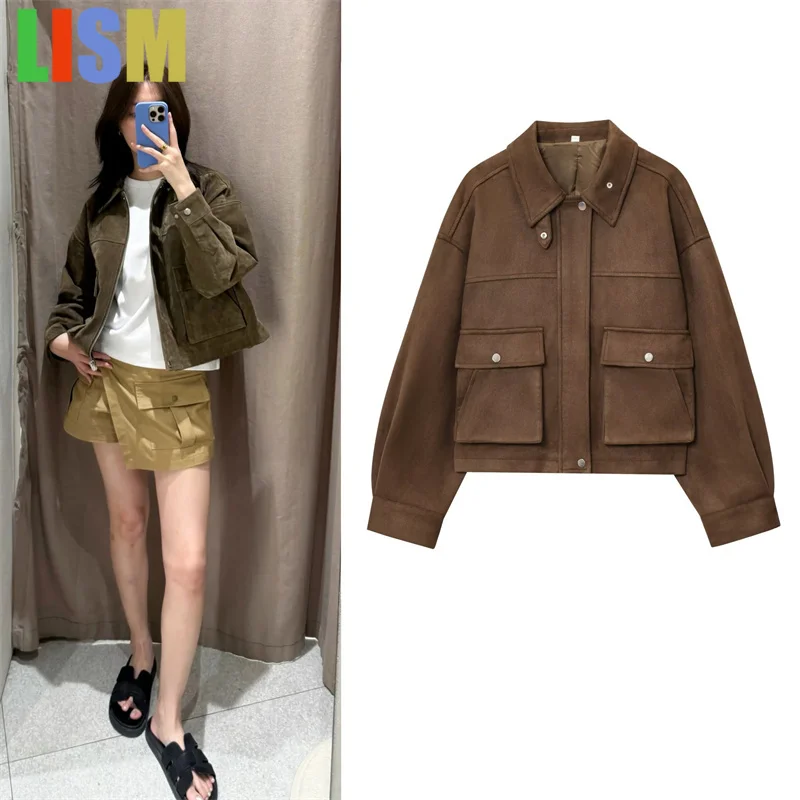 

LISM Women's Jacket New Fall 2025 Dark Brown Long Sleeve Bomber Jacket Pocket Decoration new in coats and jackets Windbreaker