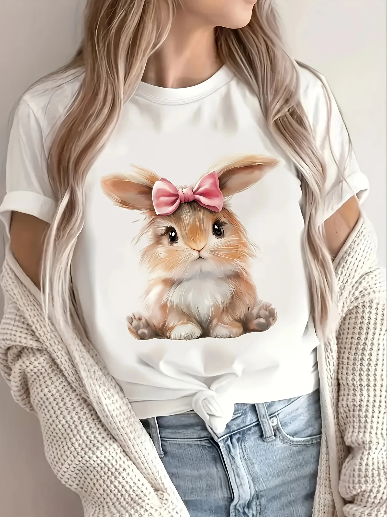 Women's Cute Rabbit Pattern T-shirt - Soft Blended Casual T-shirt with Cute Rabbit Design Short Sleeve Casual Wear Personality