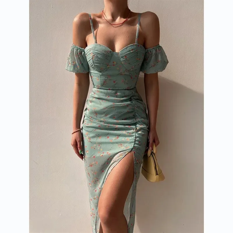 

Flower Print Slim Midi Dresses Women Sexy Low Cut Package Hip Bodycon Irregular Spaghetti Strap Slit Dress Fashion Lady Vestidos