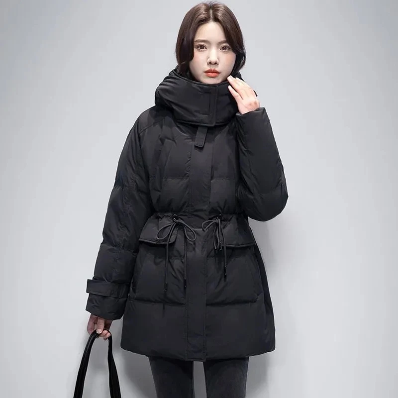 Winter Puffer Coat Female 2024 New Women Jacket Hooded Parkas Coat Drawstring Quilted Down Jacket Mid-Length Outerwears Top