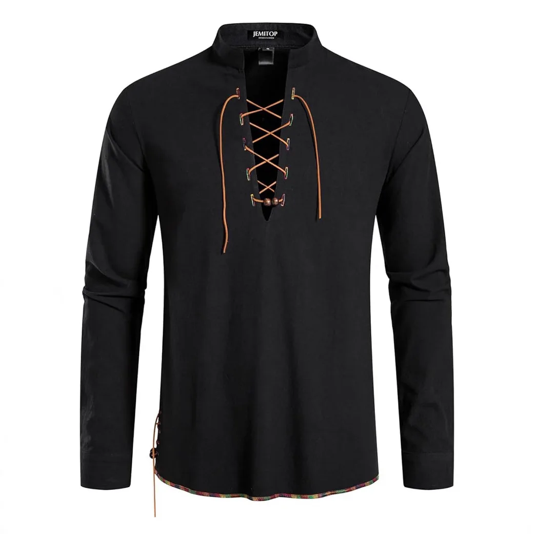 High Quality Men's Shirt Henry Long Sleeve Casual Beach Men's Stand-Up Collar Hippie Shirt