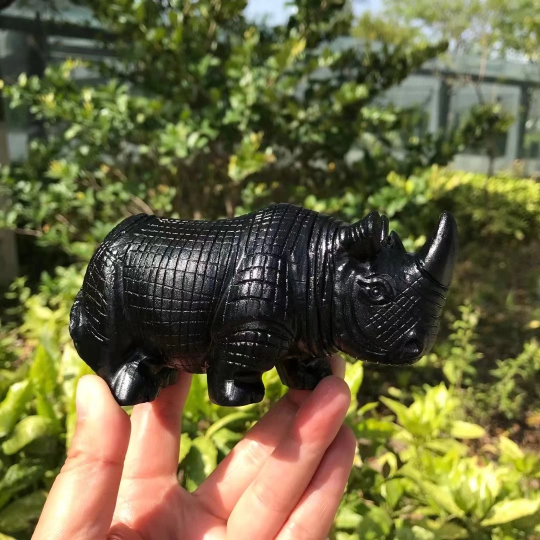 

Natural Black obsidian rhino Carved Rock crystal Rhinoceros Statue for Home decoration