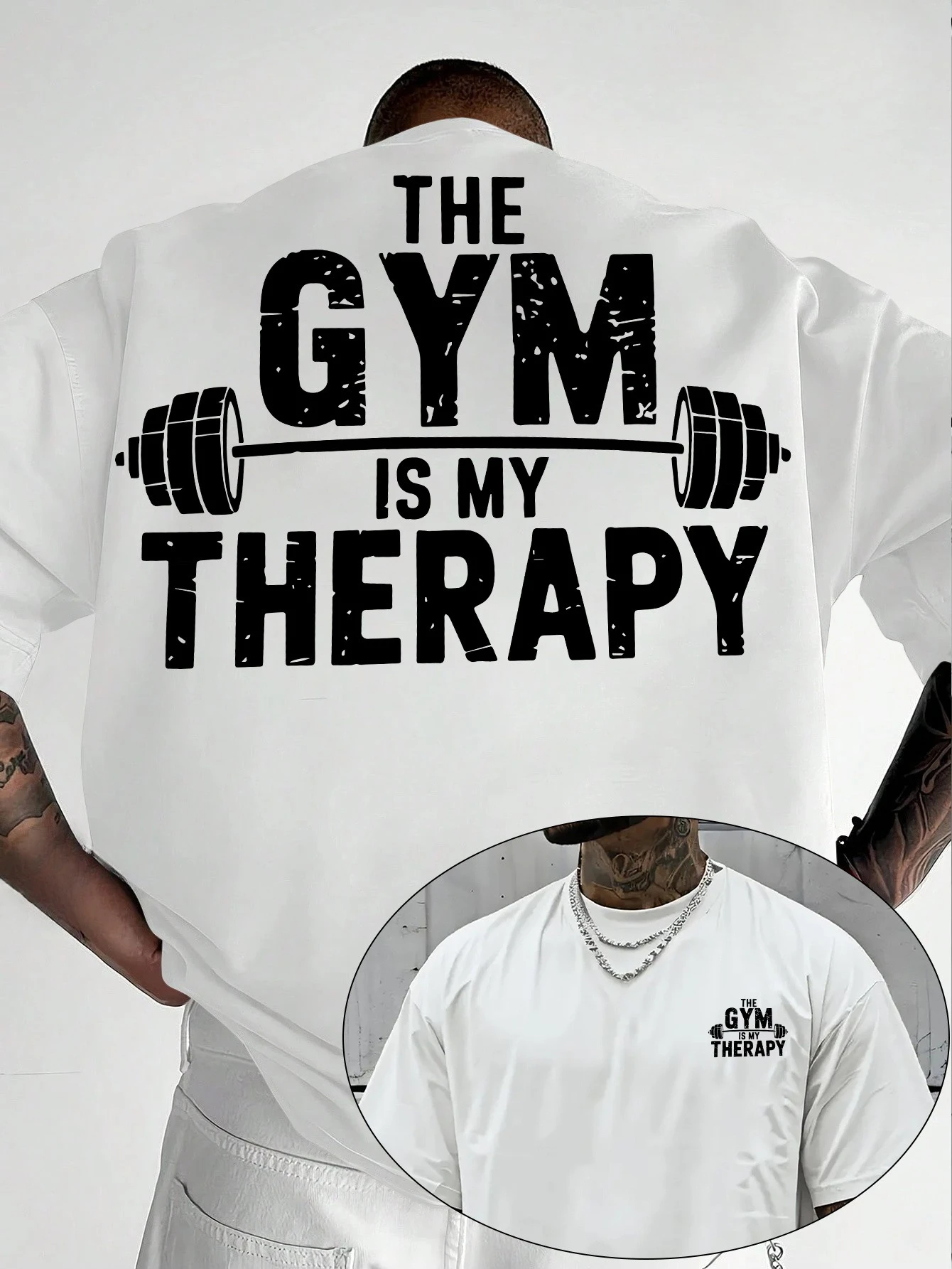Men's HE GYM IS MY THERAPY Sports Fitness T shirt Cotton Jogging Top Tee Casual Trend Oversize O-Neck Unisex Summer Spring shirt