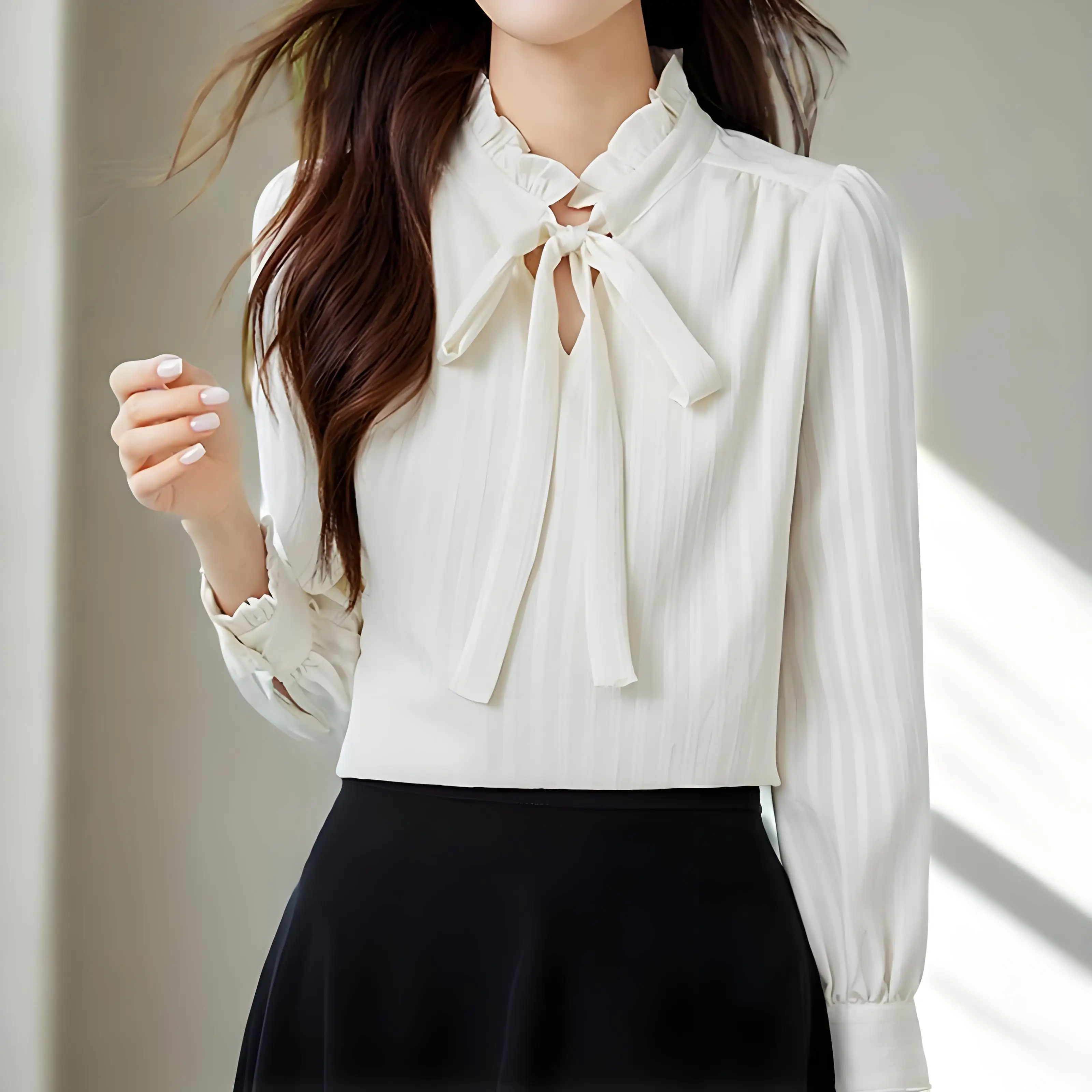 

Шифоновые рубашки в полоску с галстуком-бабочкой во французском стиле, модная женская блузка с длинным рукавом, 2025 элегантные офисные женские деловые топы