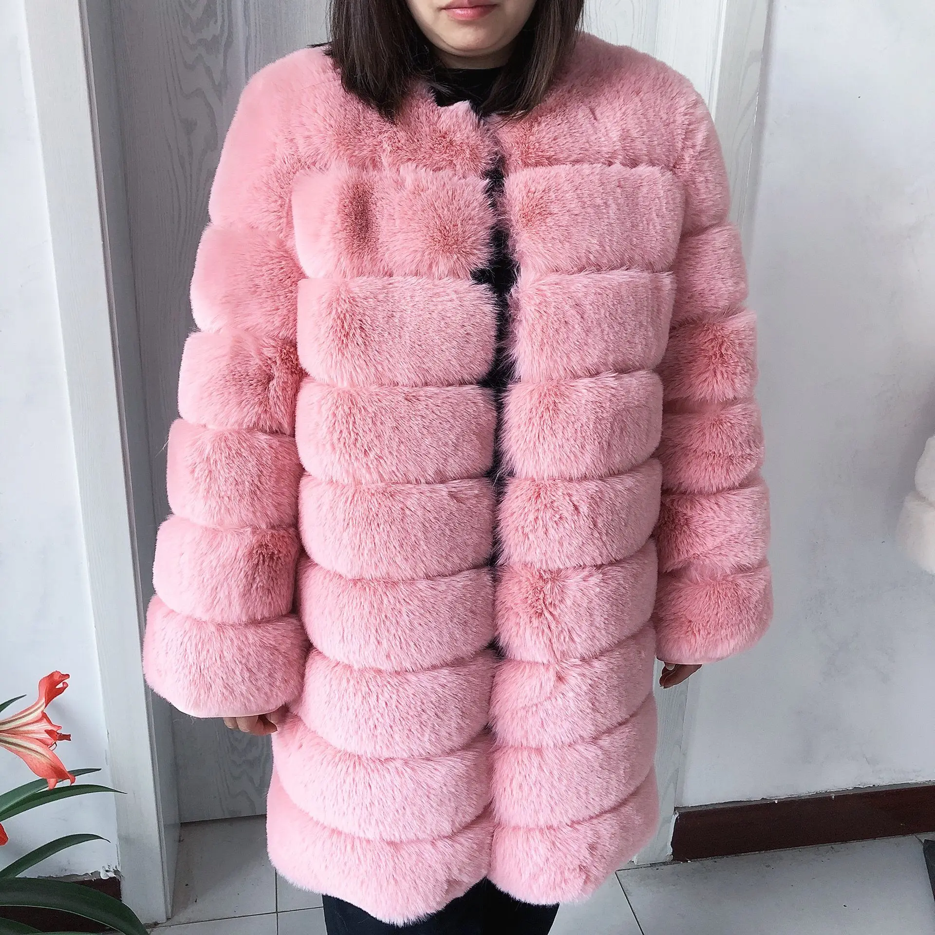 LHXDW Women's winter faux fur coat Long faux fox fur coat High quality fluffy 90CM Long artificial fur jacket women