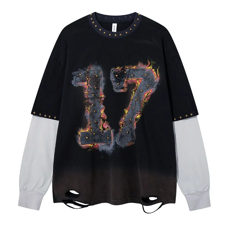 Vintage Hip Hop Ripped T shirts Long Sleeves Flame Printed Top Tees For Male Oversized