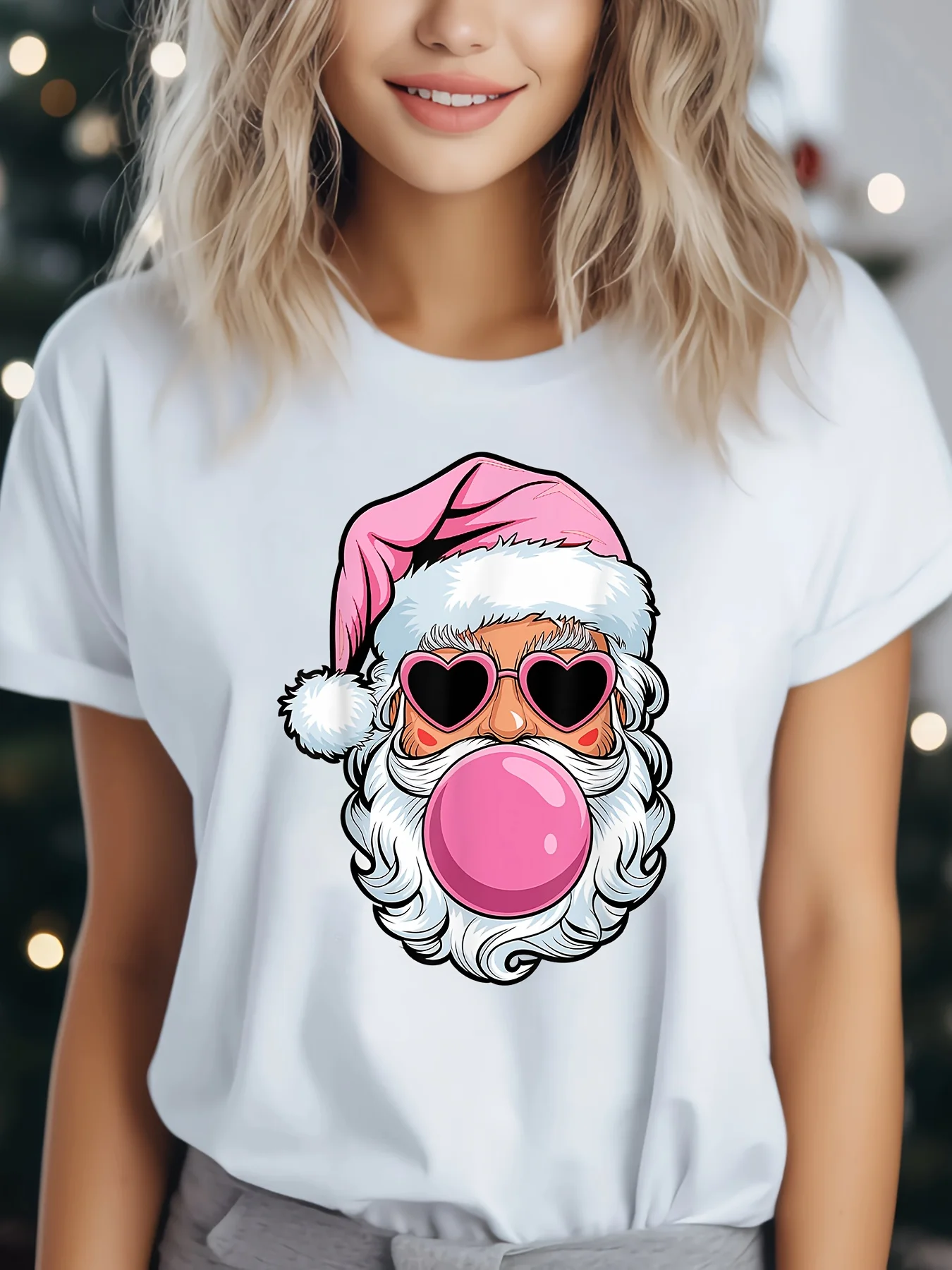 Cute Pink Santa Claus With Heart Sunglasses Bubble Gum Art Print Graphic Ladies T Shirt Short Sleeve Crew Neck Casual Tee Tops