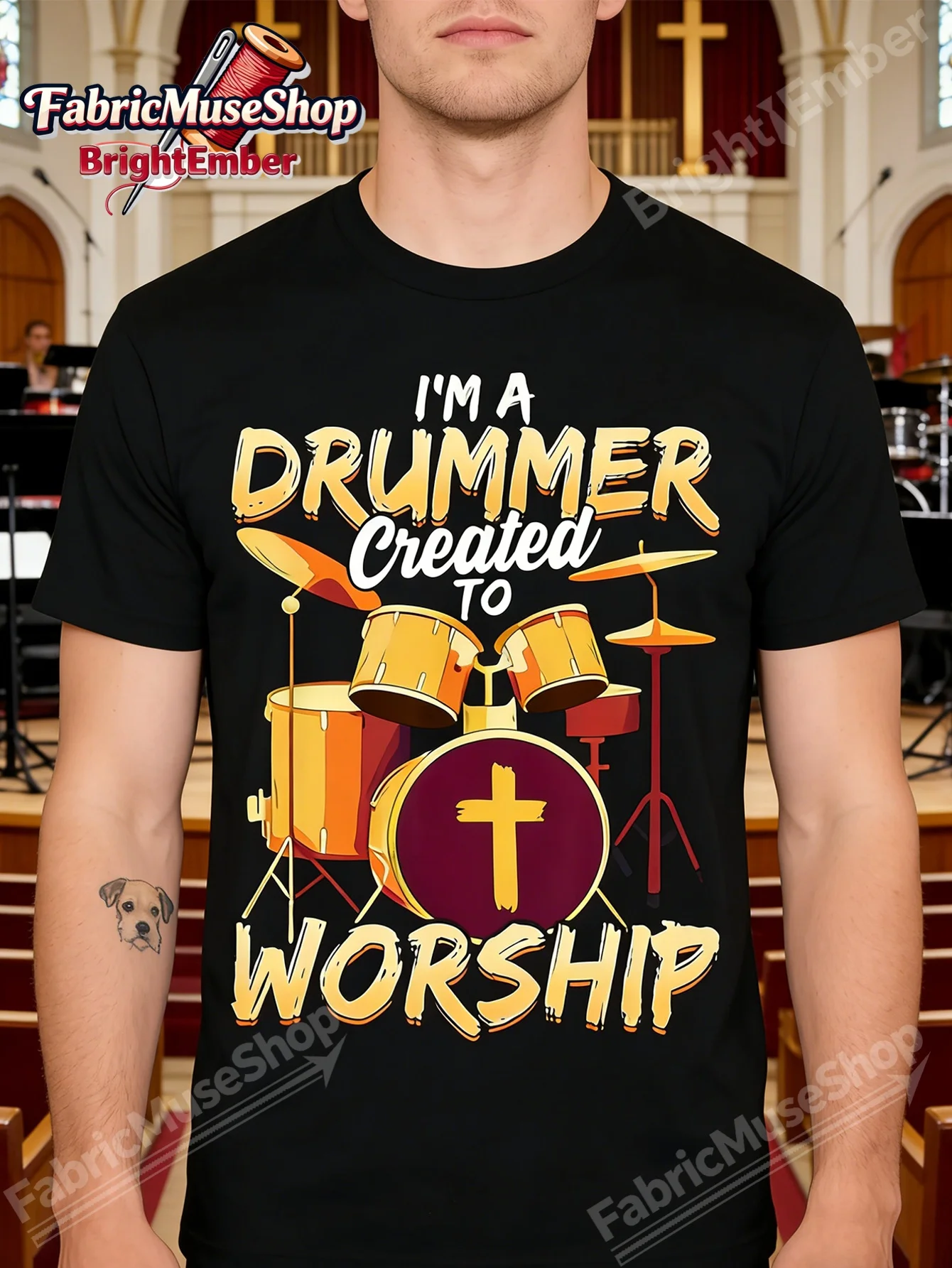 Men's Black Graphic T-Shirt - Soft Breathable Cotton Crew Neck Tee with Drum Worship Design - I'm A Drummer Created to Worship S